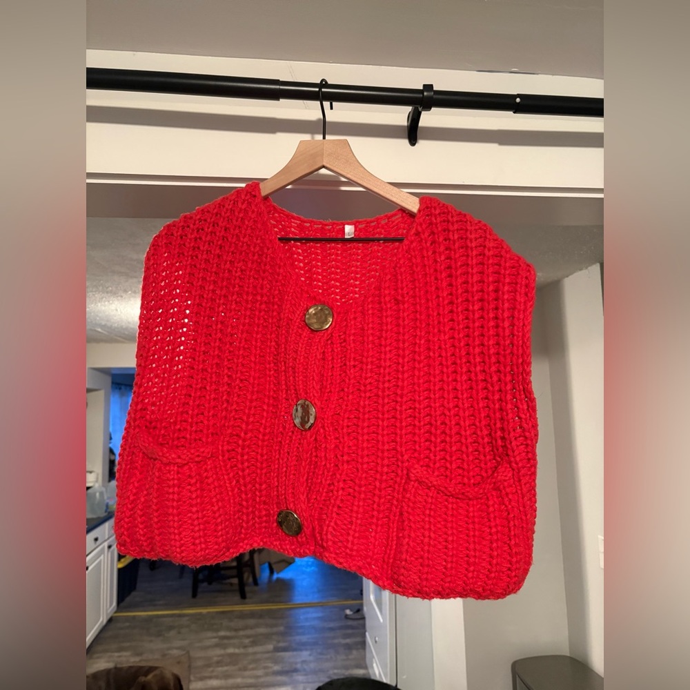 Red Chunky Knit Sweater Best with Button Details
